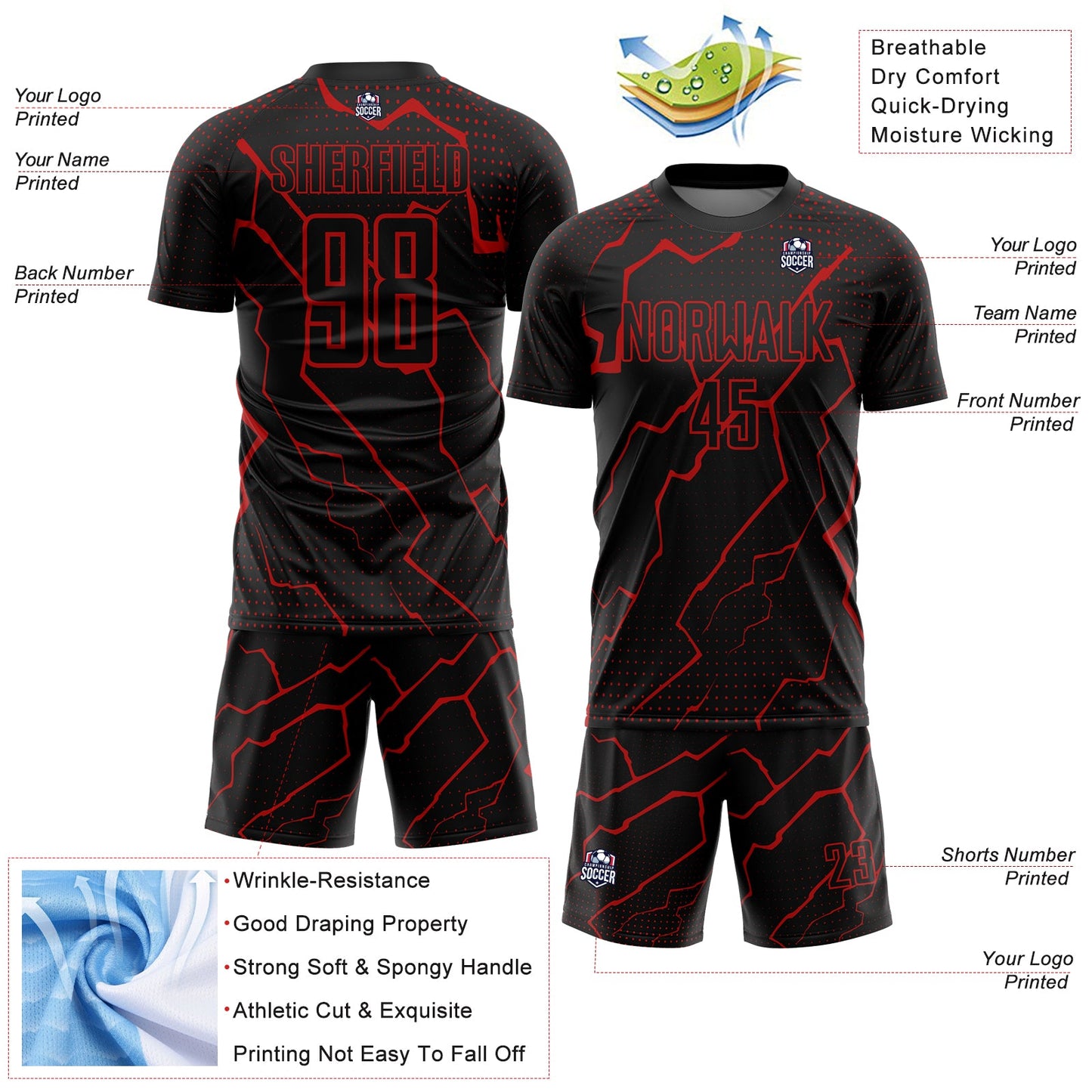 Custom Black Red Lightning Sublimation Soccer Uniform Jersey Limited