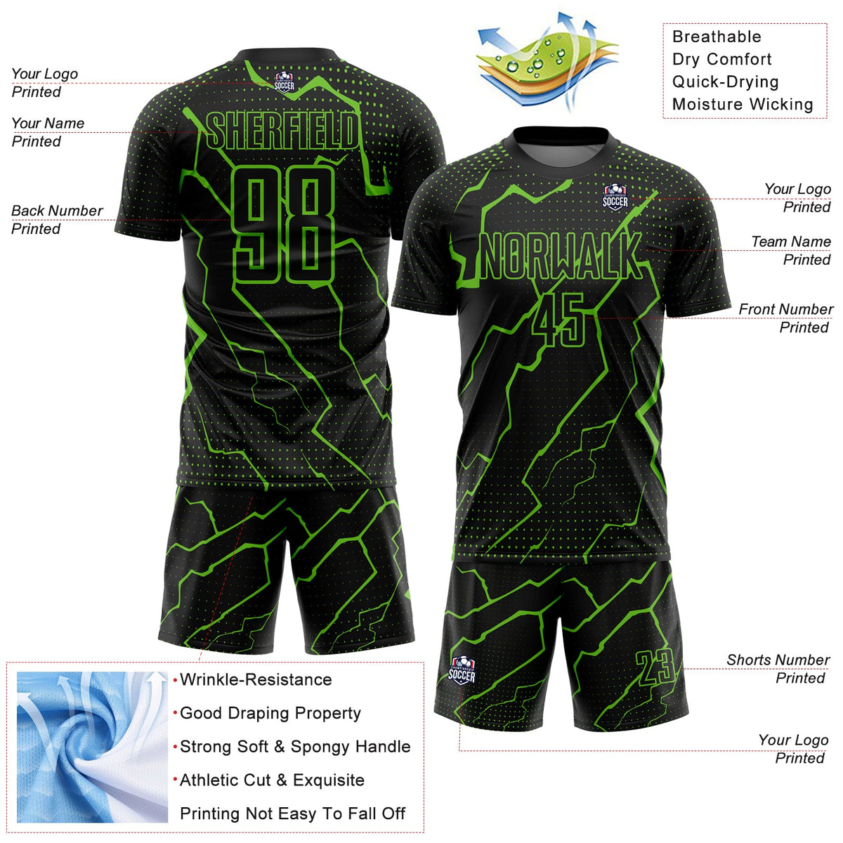 Custom Black Aurora Green Lightning Sublimation Soccer Uniform Jersey Limited