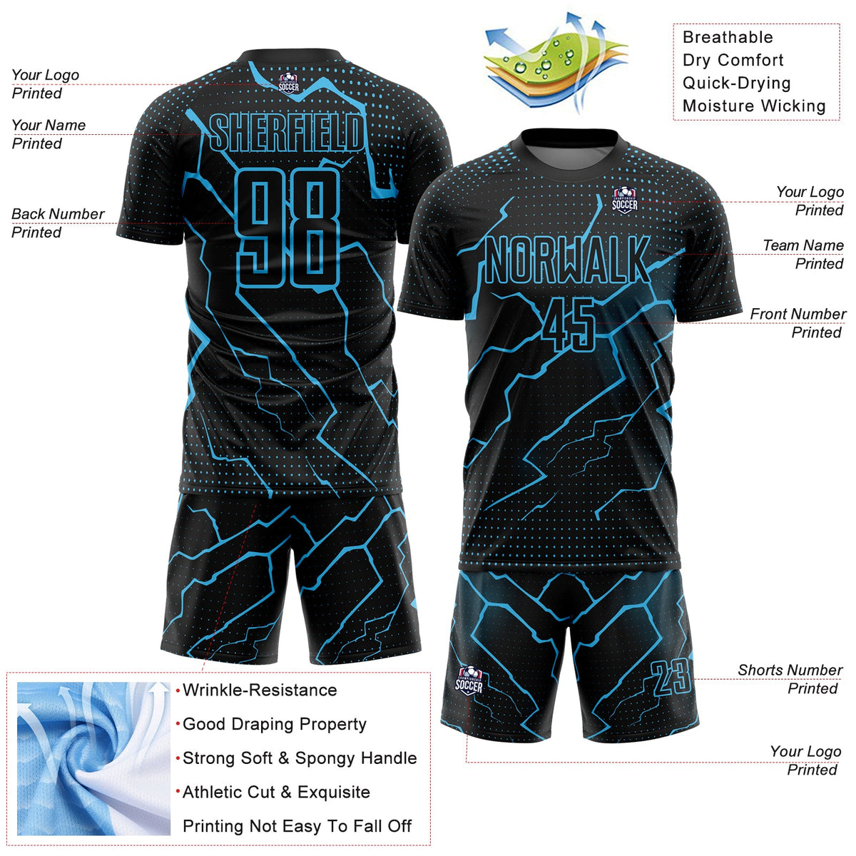 Custom Black Sky Blue Lightning Sublimation Soccer Uniform Jersey Limited
