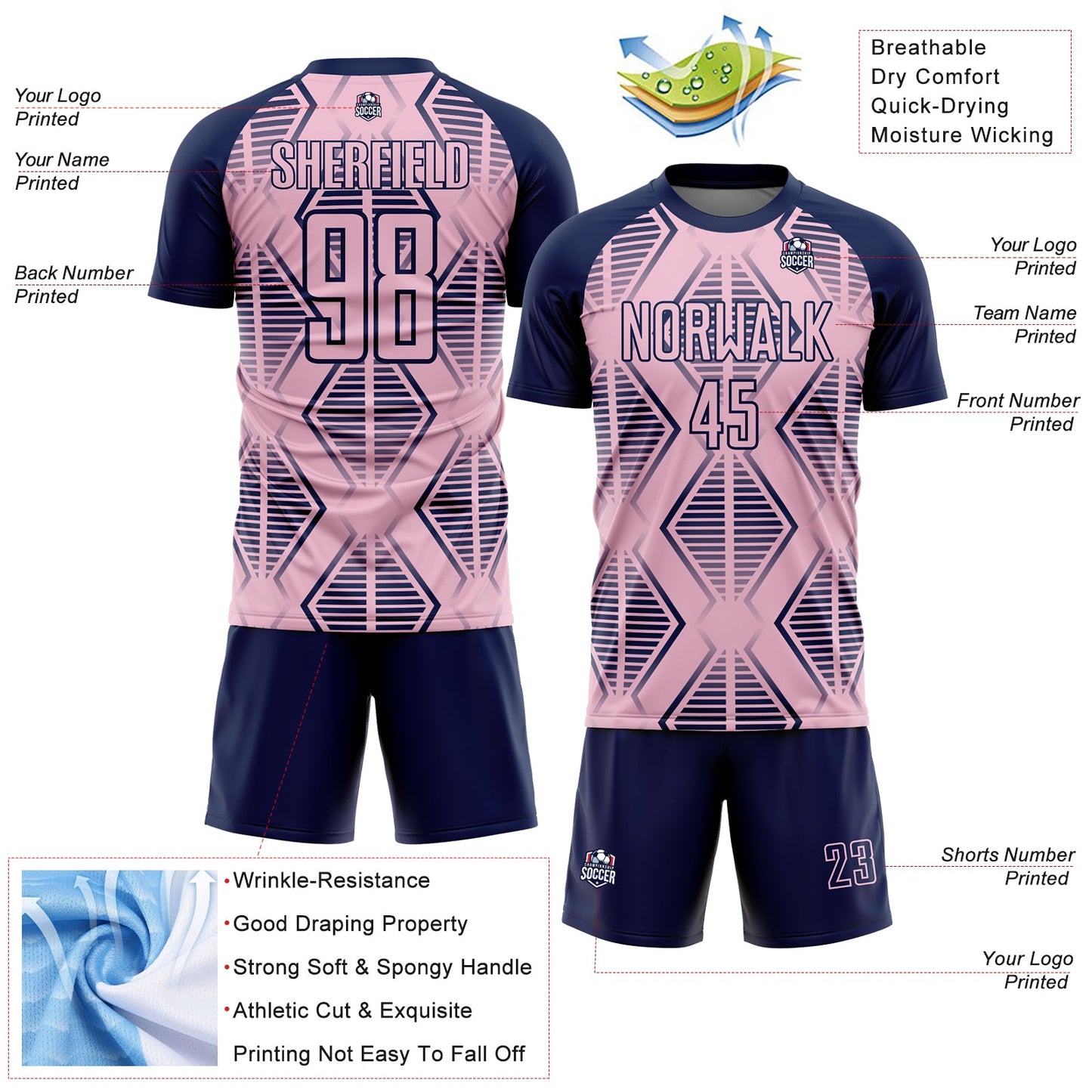 Custom Light Pink Navy Geometric Shapes Sublimation Soccer Uniform Jersey Limited