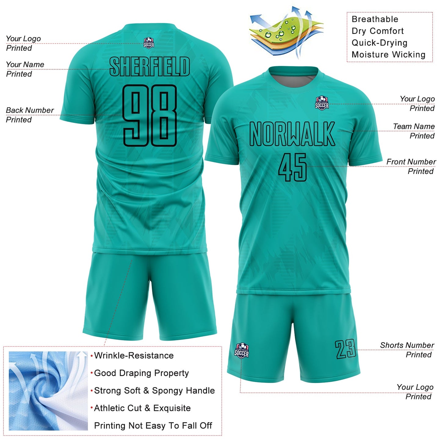 Custom Aqua Black Geometric Shapes Sublimation Soccer Uniform Jersey Limited