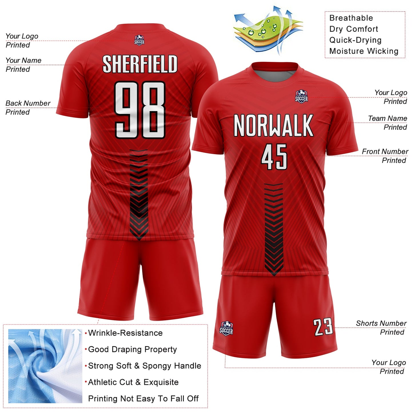 Custom Red White-Black Arrow Shapes Sublimation Soccer Uniform Jersey Limited