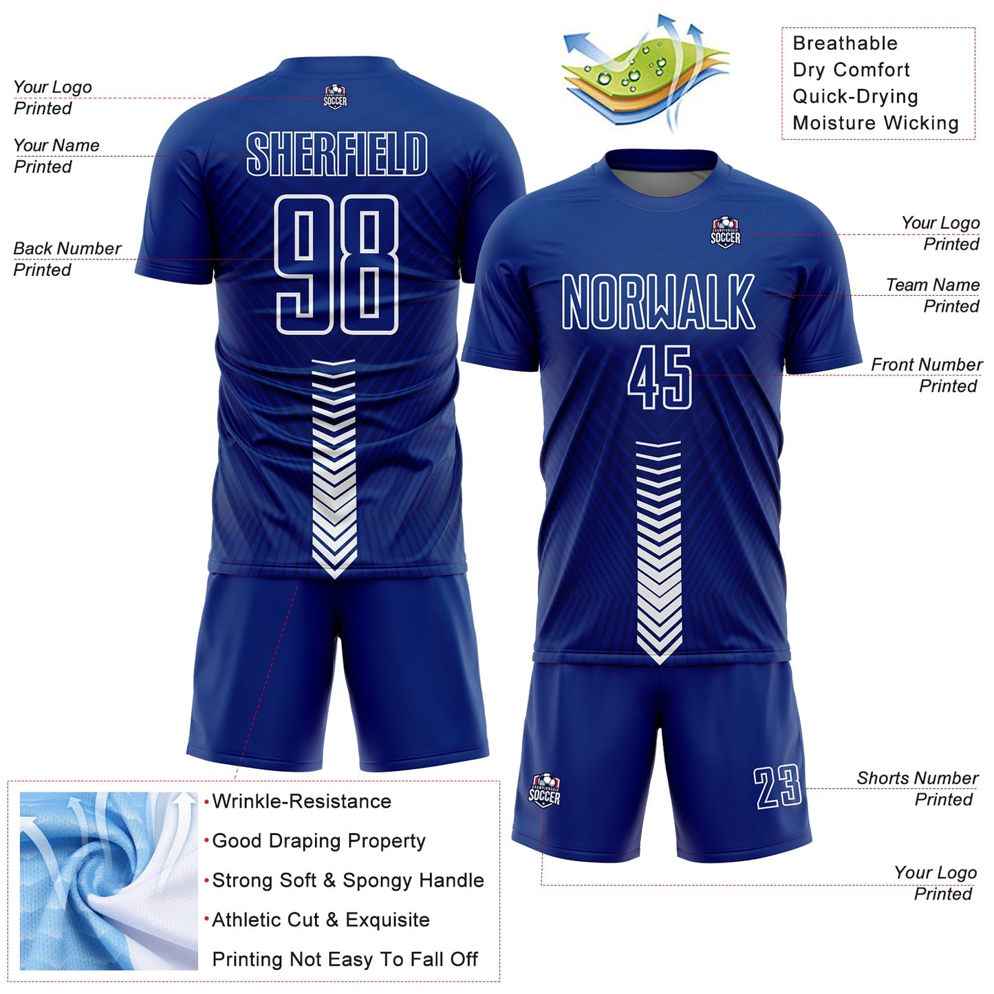 Custom Royal White Arrow Shapes Sublimation Soccer Uniform Jersey Limited