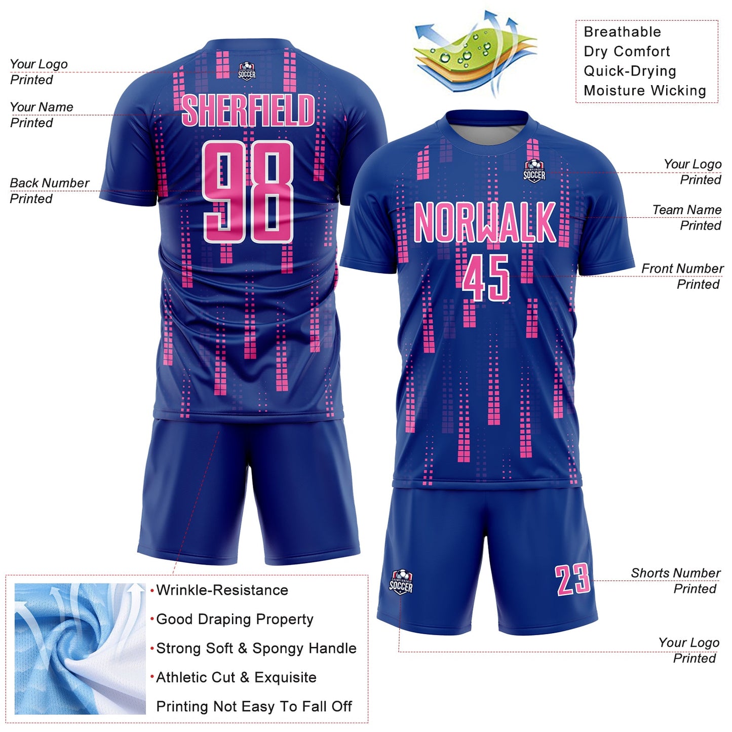 Custom Royal Pink-White Geometric Shapes Sublimation Soccer Uniform Jersey Limited