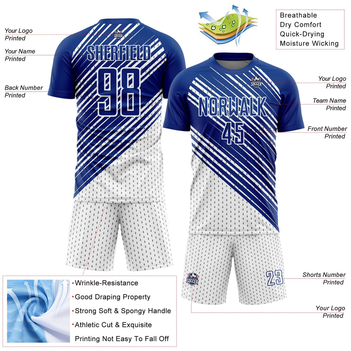 Custom Royal White Diagonal Lines Sublimation Soccer Uniform Jersey Limited