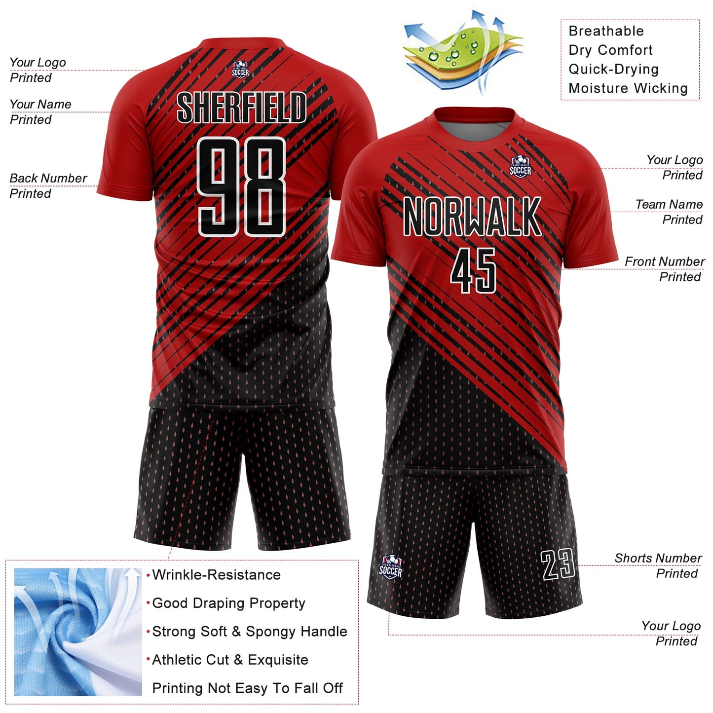 Custom Red Black-White Diagonal Lines Sublimation Soccer Uniform Jersey Limited