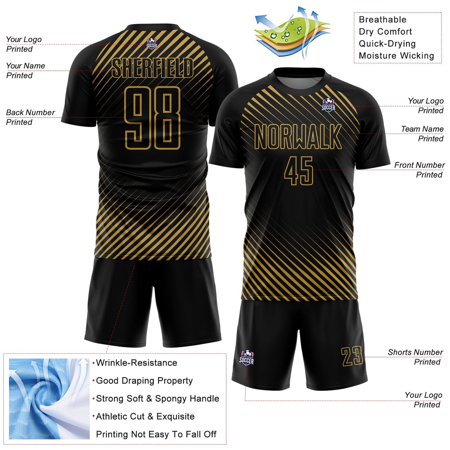 Custom Black Old Gold Diagonal Lines Sublimation Soccer Uniform Jersey Limited