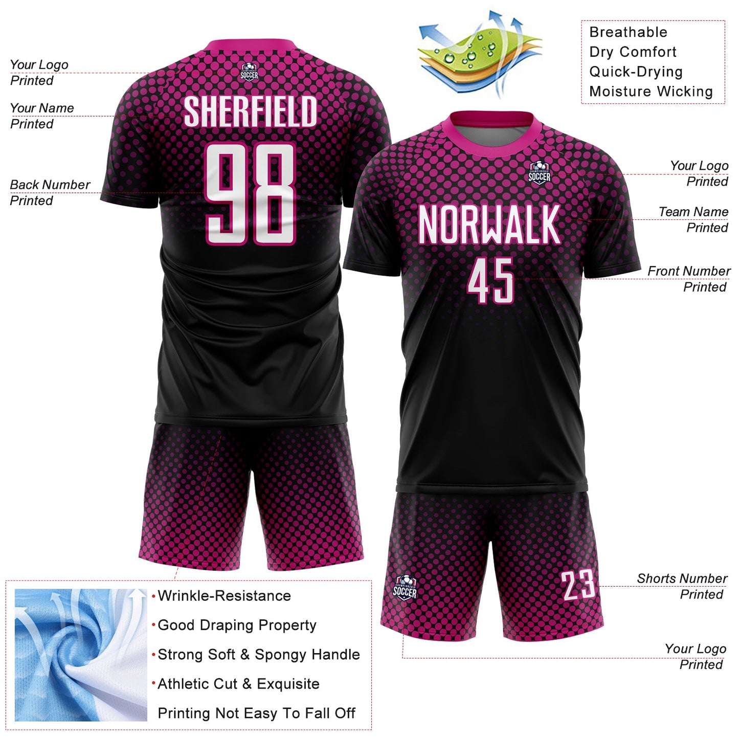Custom Black White-Deep Pink Halftone Dots Sublimation Soccer Uniform Jersey Limited