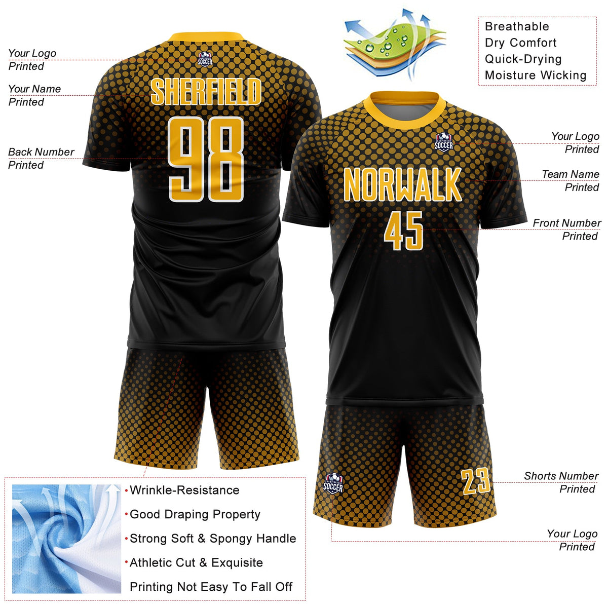 Custom Black Gold-White Halftone Dots Sublimation Soccer Uniform Jersey Limited