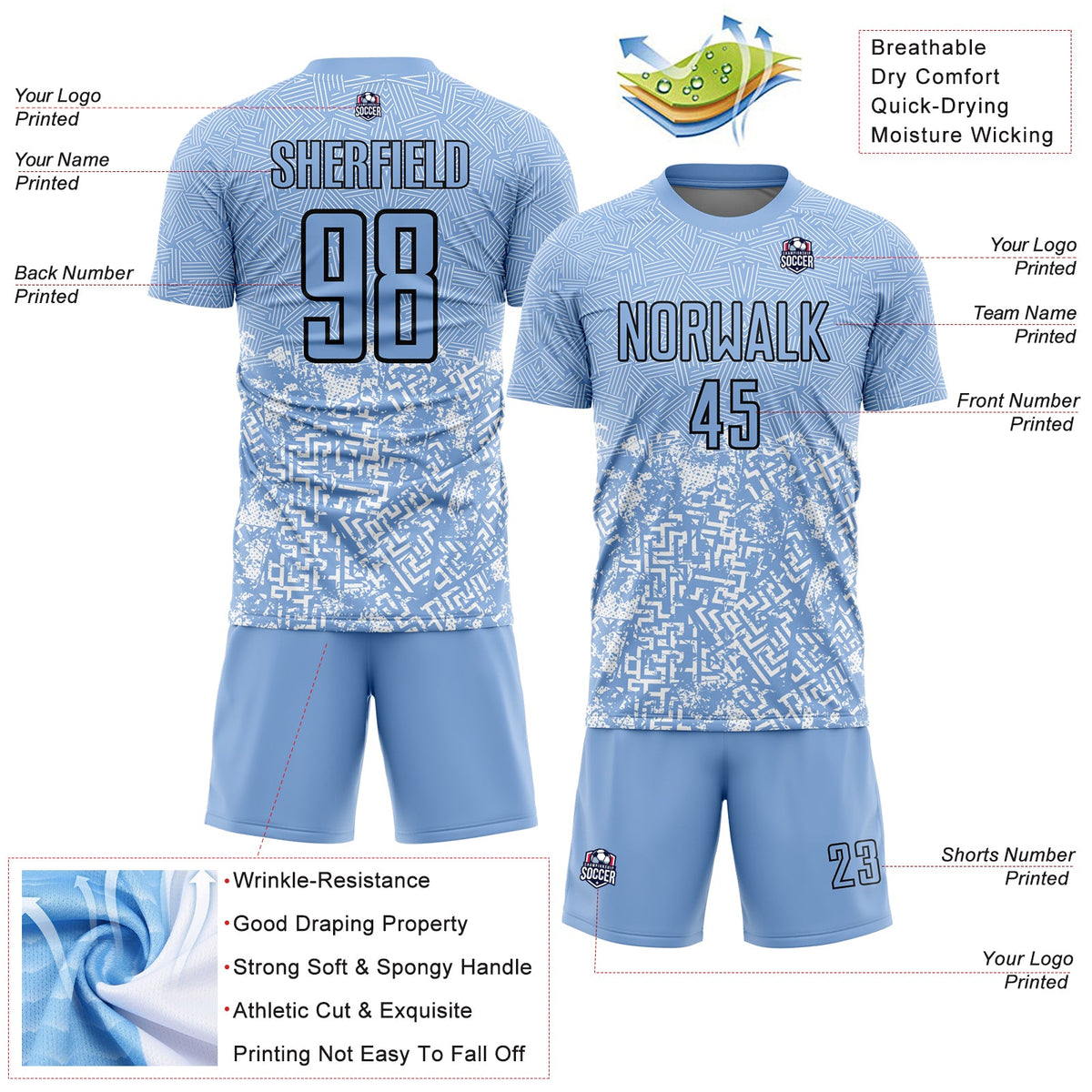 Custom Light Blue Black Geometric Shapes Sublimation Soccer Uniform Jersey Limited