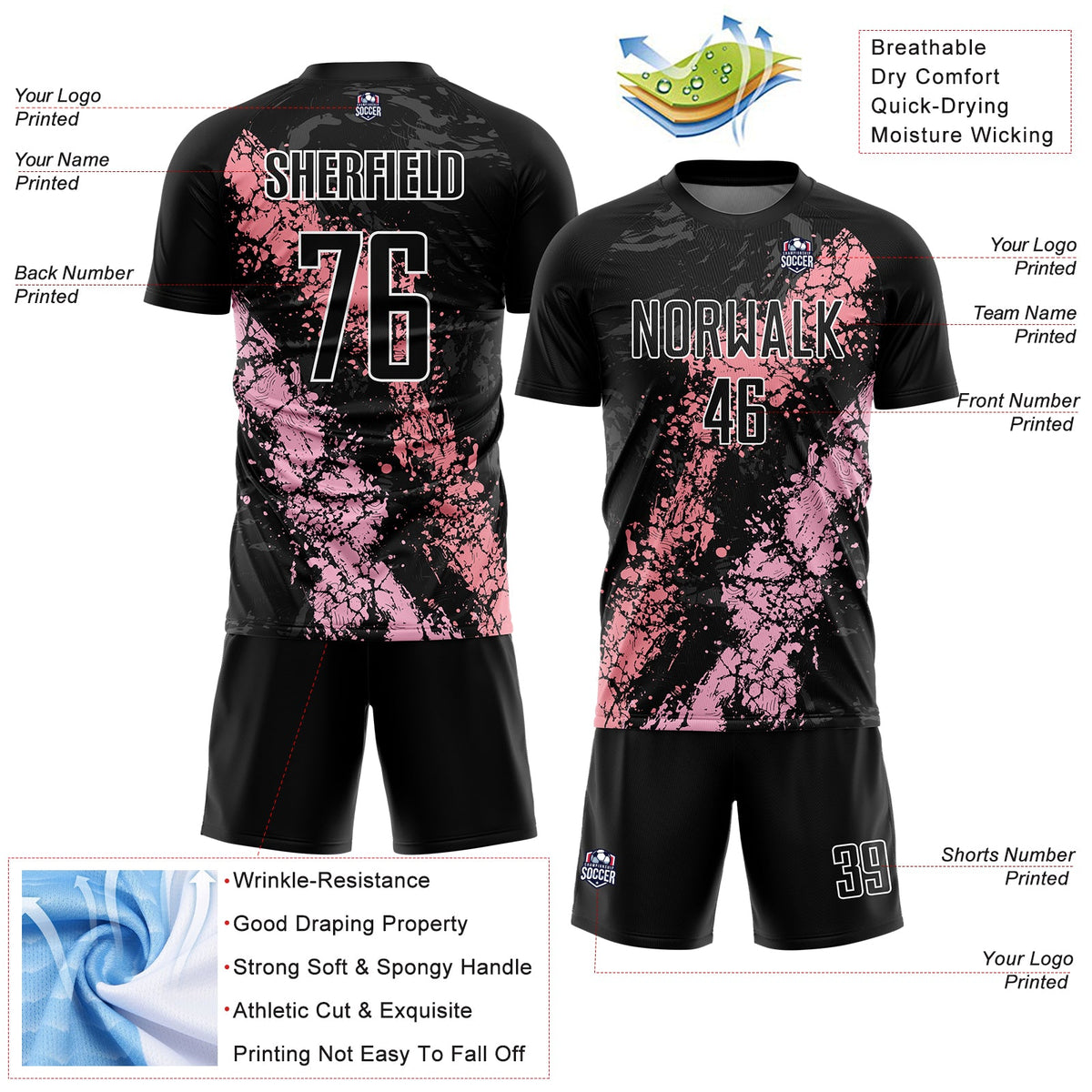 Custom Black Light Pink-Medium Pink Dripping Splatter Art Sublimation Soccer Uniform Jersey Limited