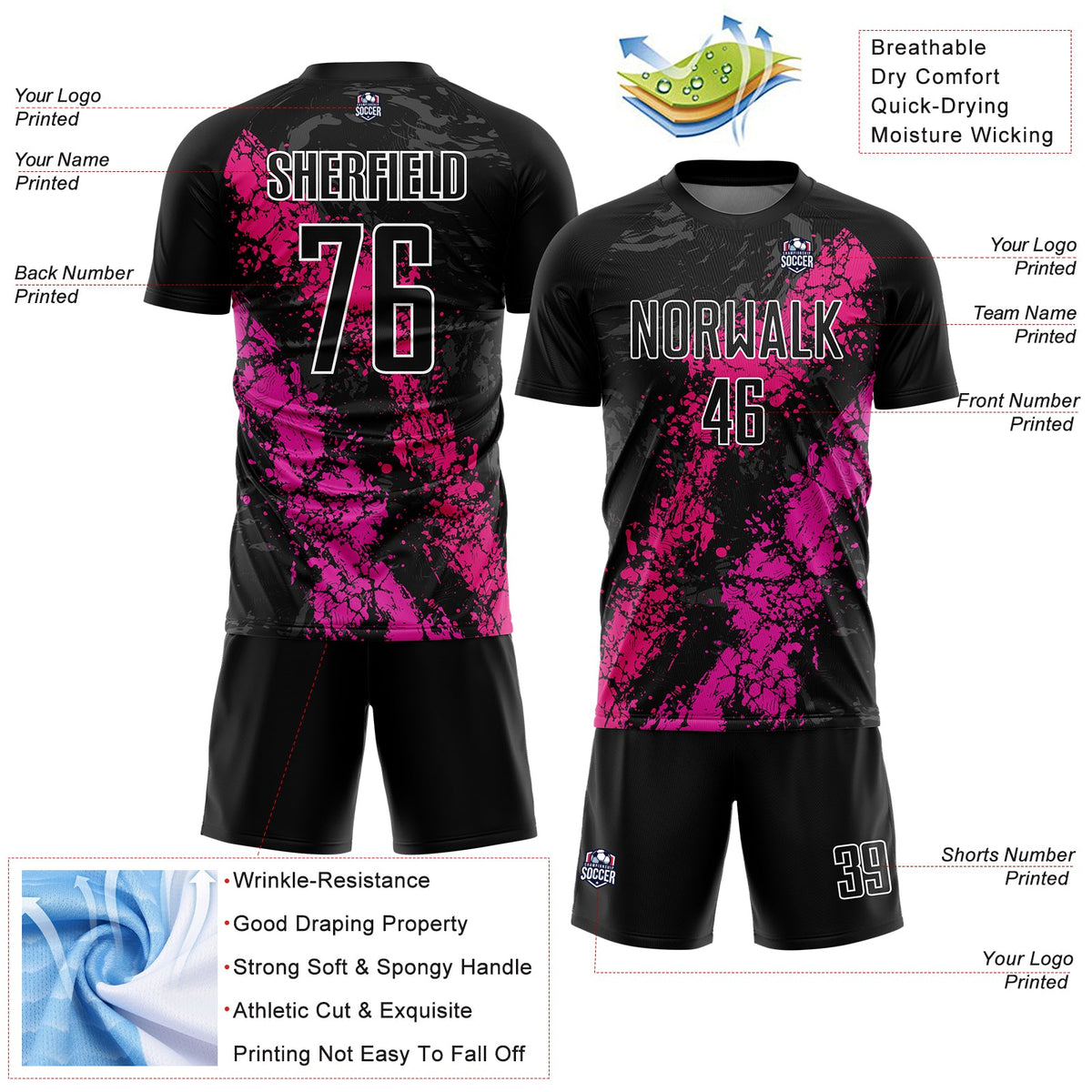 Custom Black Hot Pink-Deep Pink Dripping Splatter Art Sublimation Soccer Uniform Jersey Limited