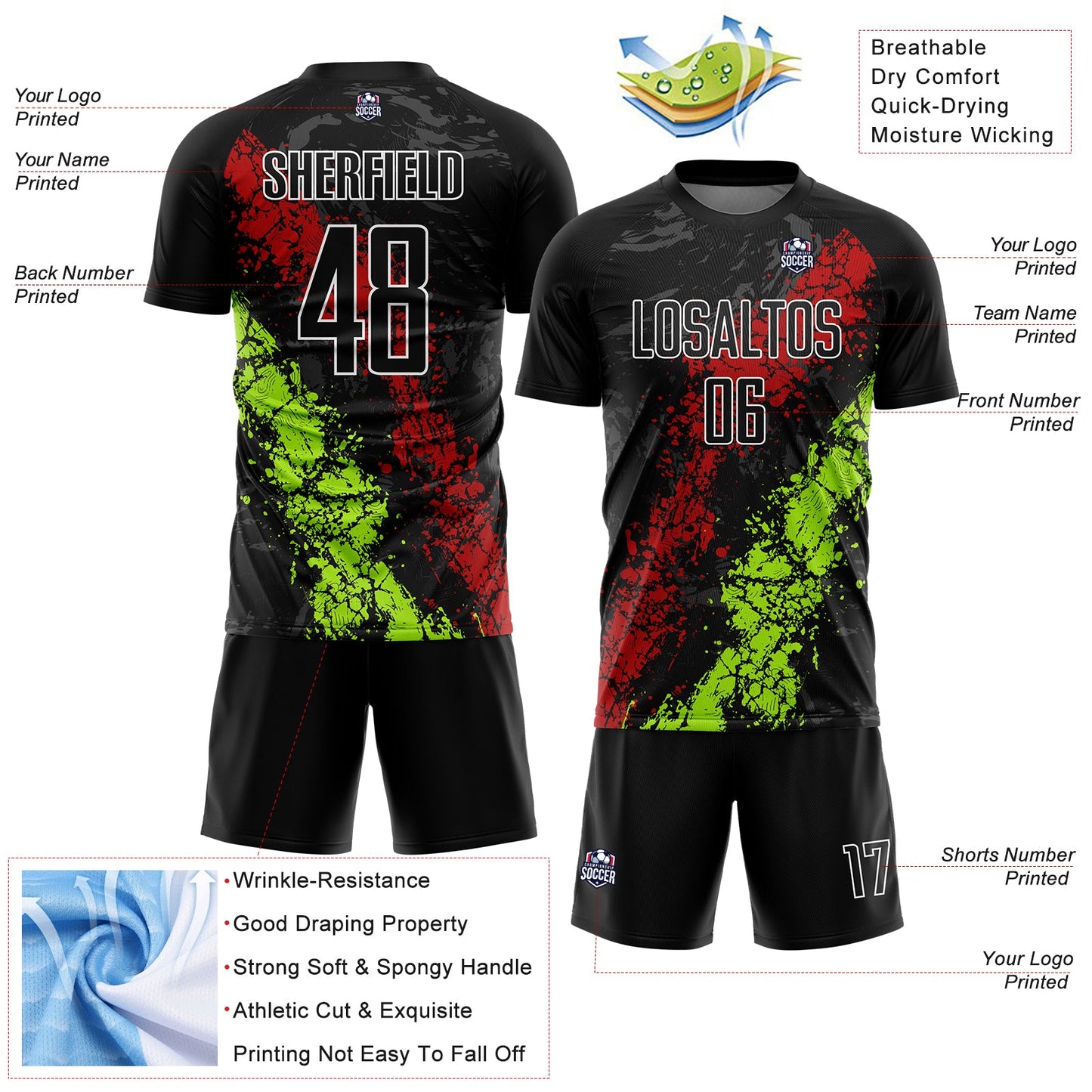 Custom Black Red-Neon Green Dripping Splatter Art Sublimation Soccer Uniform Jersey Limited