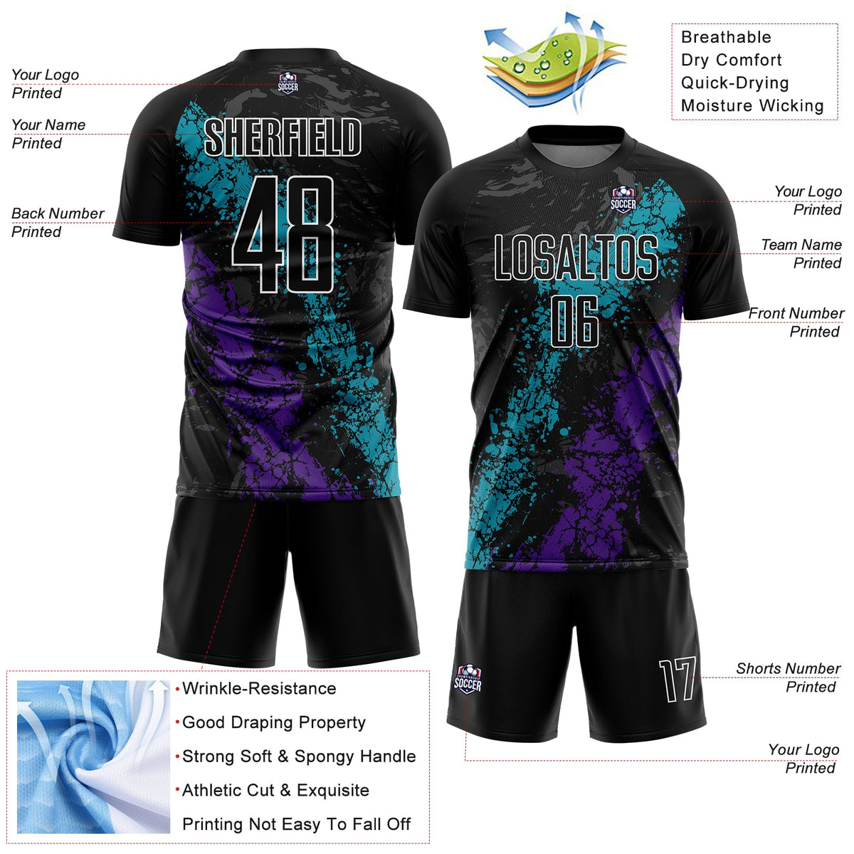 Custom Black Teal-Purple Dripping Splatter Art Sublimation Soccer Uniform Jersey Limited
