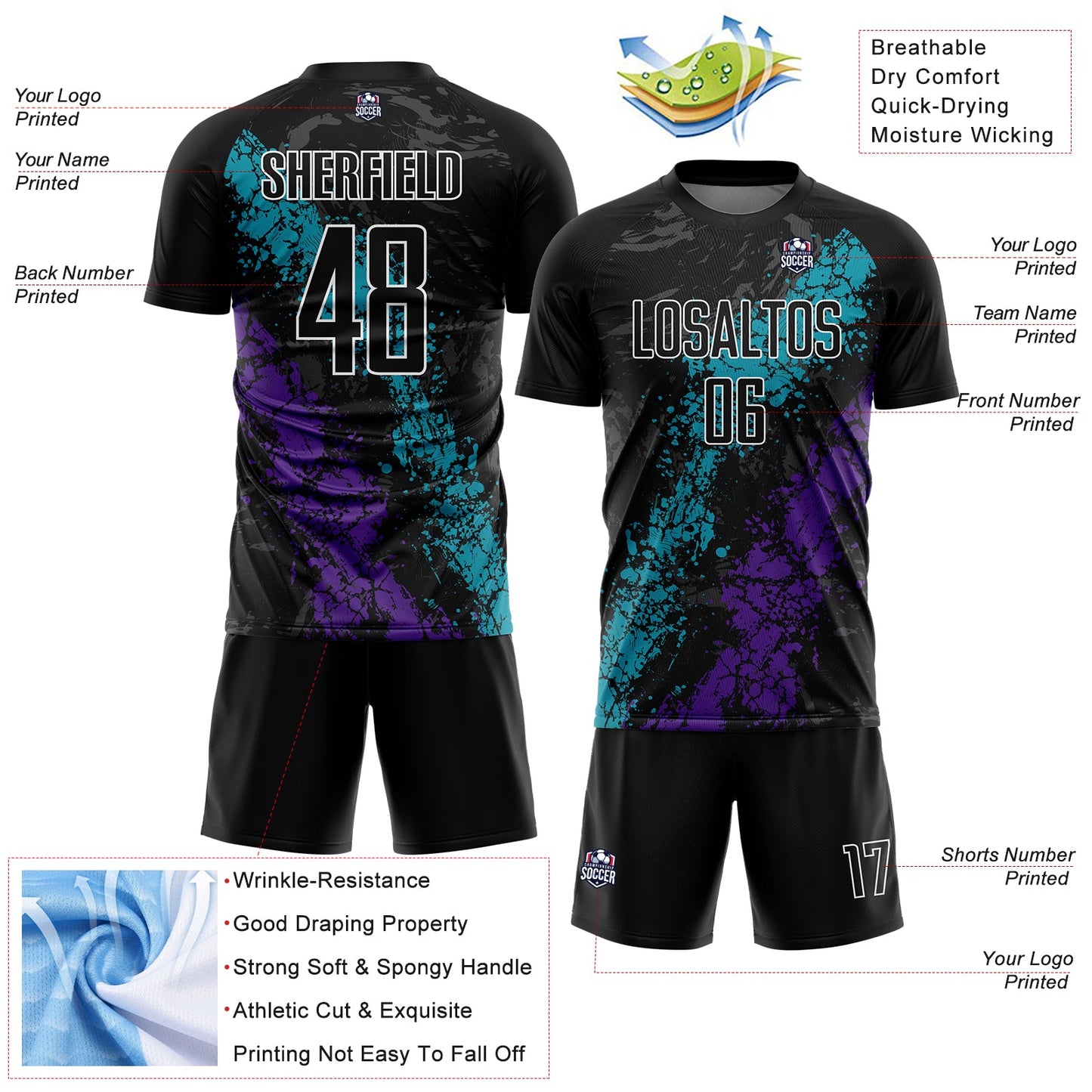 Custom Black Teal-Purple Dripping Splatter Art Sublimation Soccer Uniform Jersey Limited