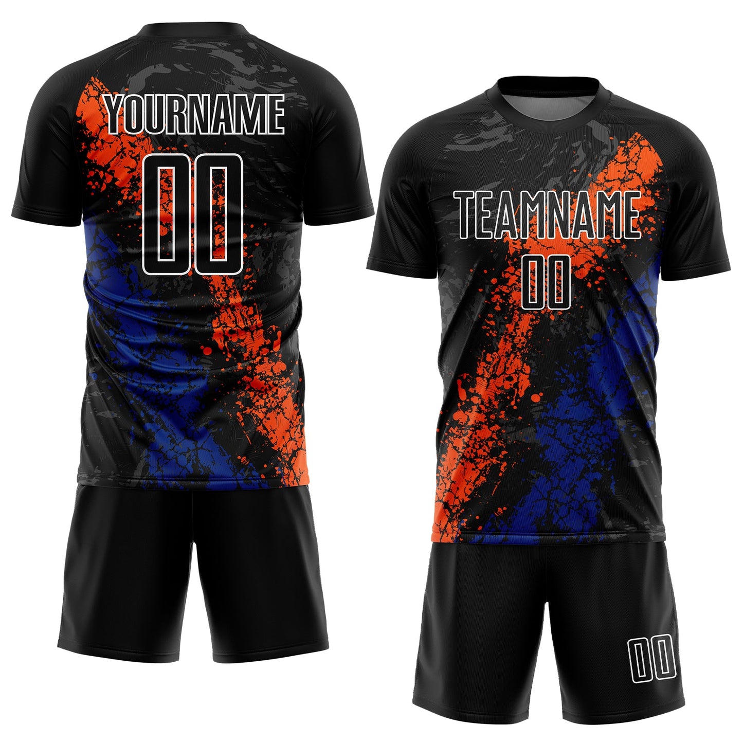 Custom Black Orange-Royal Dripping Splatter Art Sublimation Soccer Uniform Jersey Limited