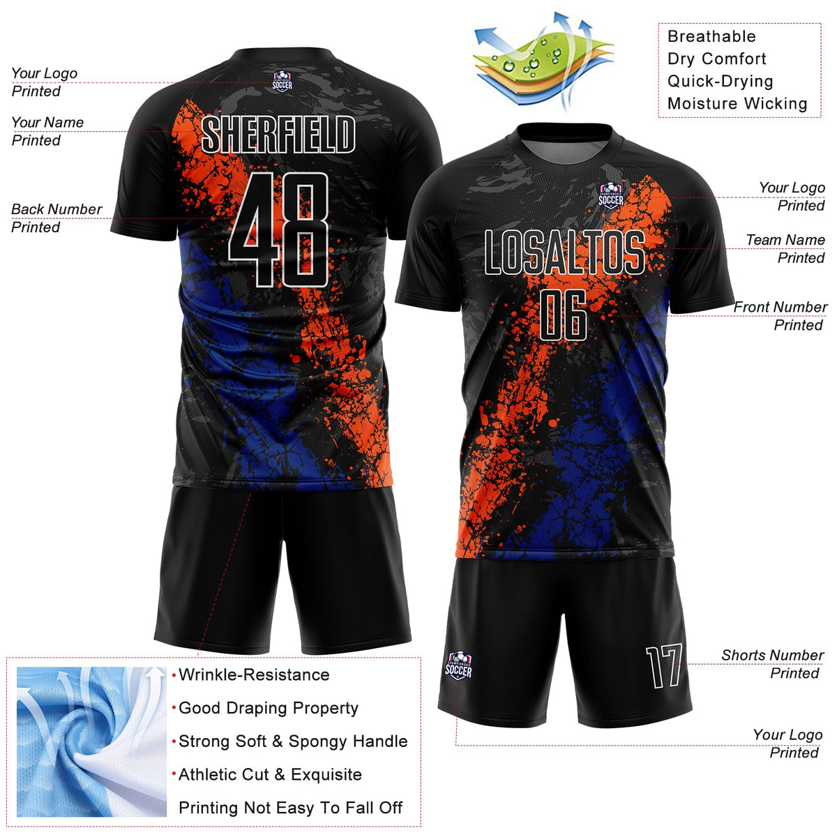Custom Black Orange-Royal Dripping Splatter Art Sublimation Soccer Uniform Jersey Limited