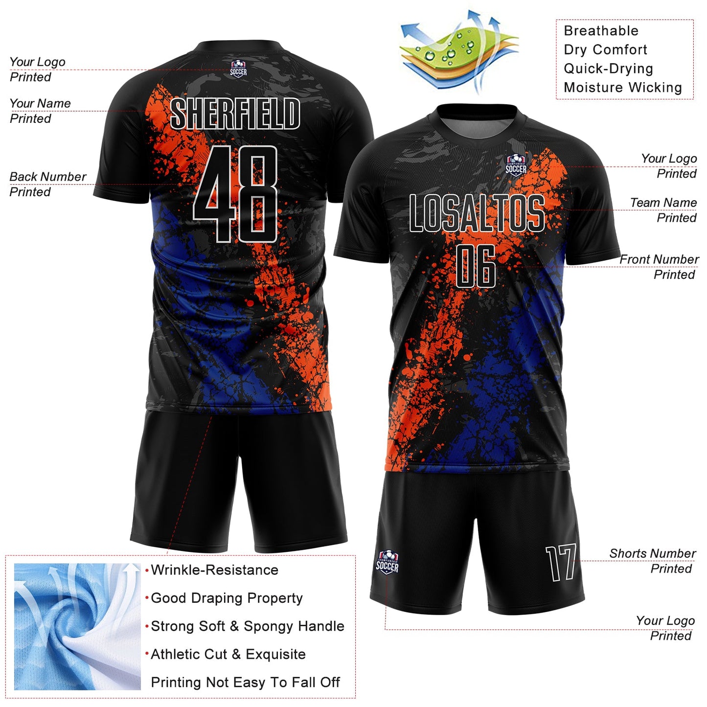 Custom Black Orange-Royal Dripping Splatter Art Sublimation Soccer Uniform Jersey Limited