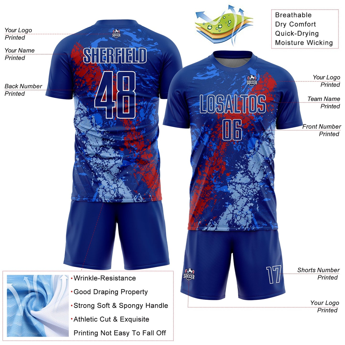 Custom Royal Red-Light Blue Dripping Splatter Art Sublimation Soccer Uniform Jersey Limited