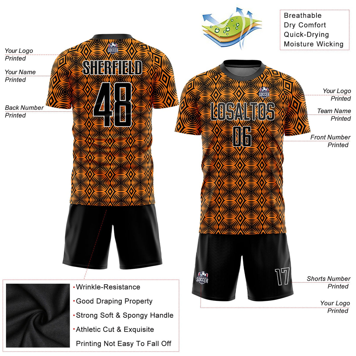 Custom Orange Black-White Geometric Shapes Sublimation Soccer Uniform Jersey Limited