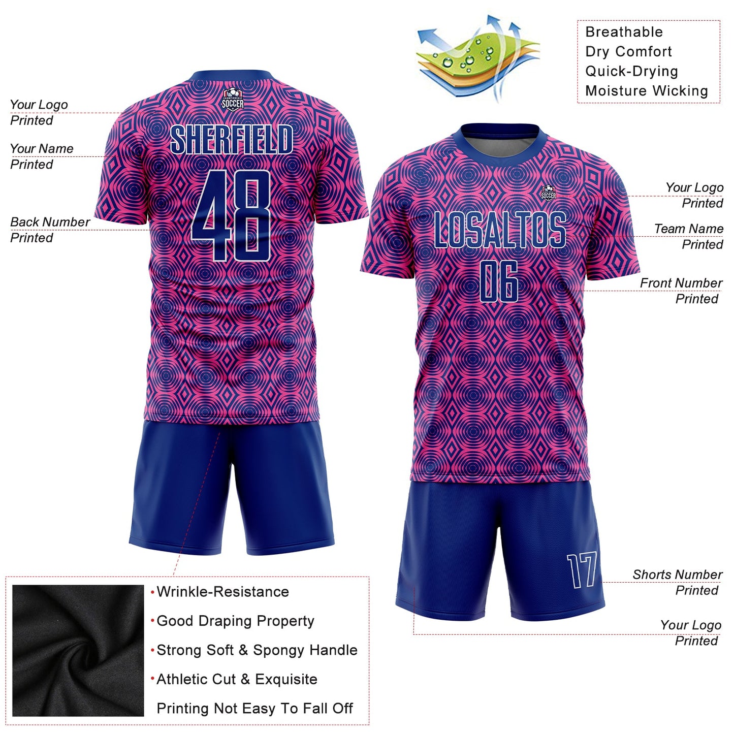Custom Pink Royal-White Geometric Shapes Sublimation Soccer Uniform Jersey Limited