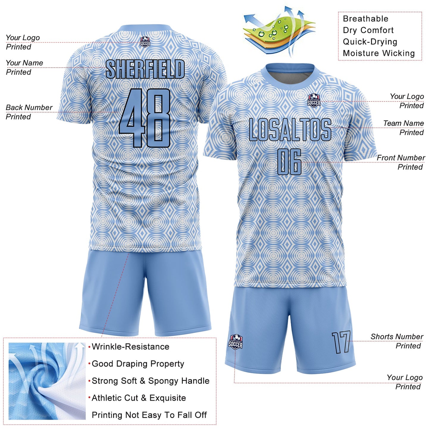 Custom Light Blue Black-White Geometric Shapes Sublimation Soccer Uniform Jersey Limited