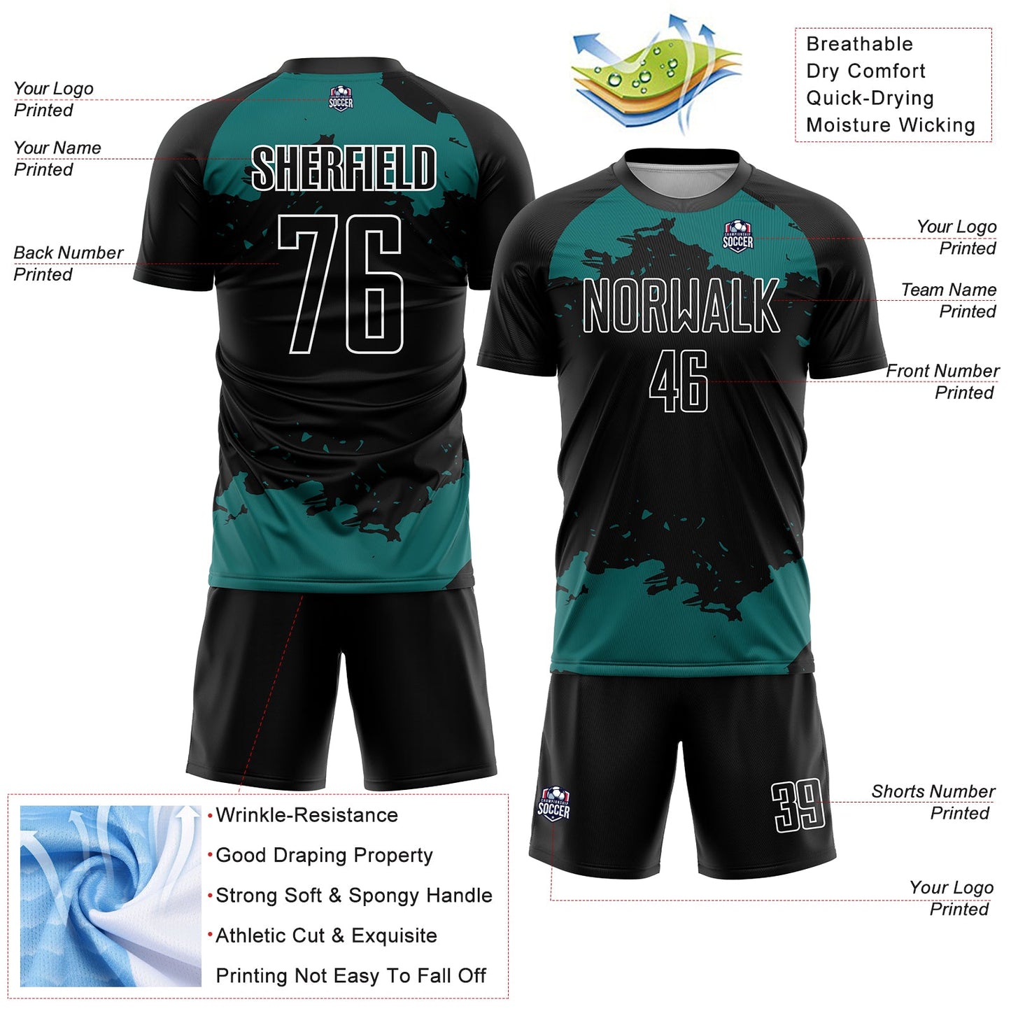 Custom Black Teal-White Abstract Fragment Art Sublimation Soccer Uniform Jersey Limited