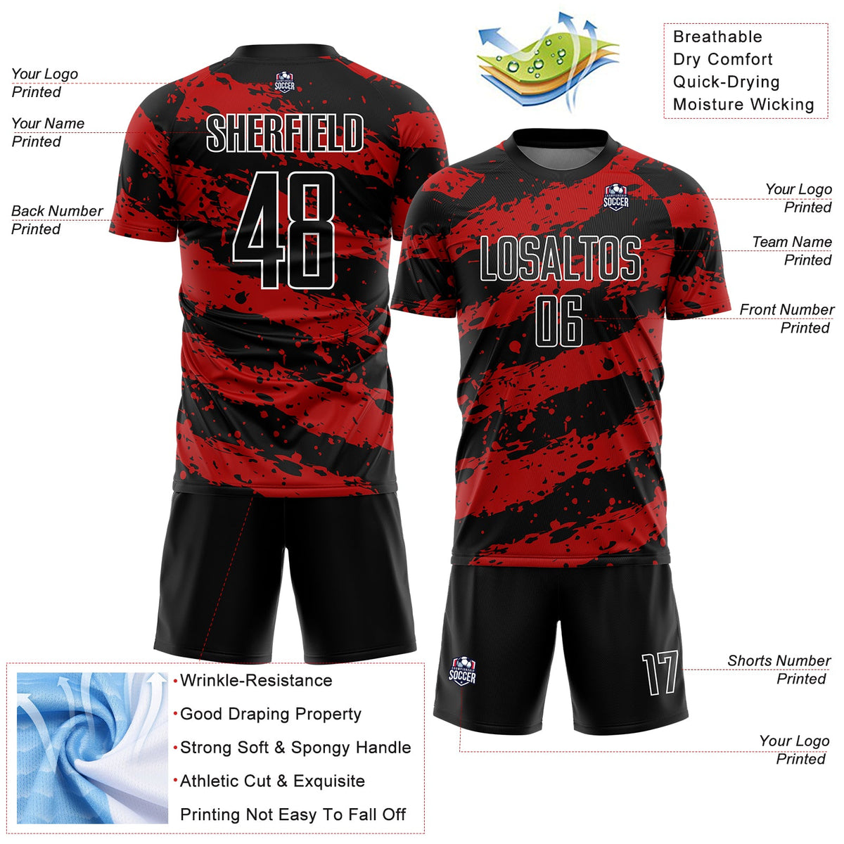 Custom Black Red-White Splash Sublimation Soccer Uniform Jersey Limited
