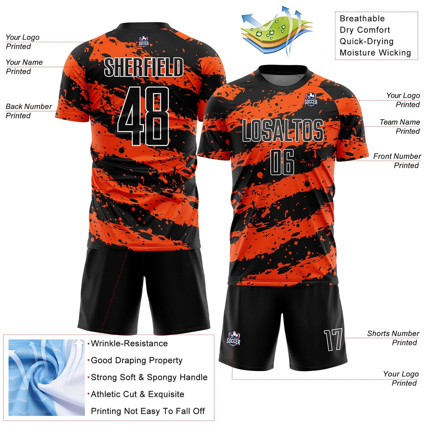 Custom Black Orange-White Splash Sublimation Soccer Uniform Jersey Limited