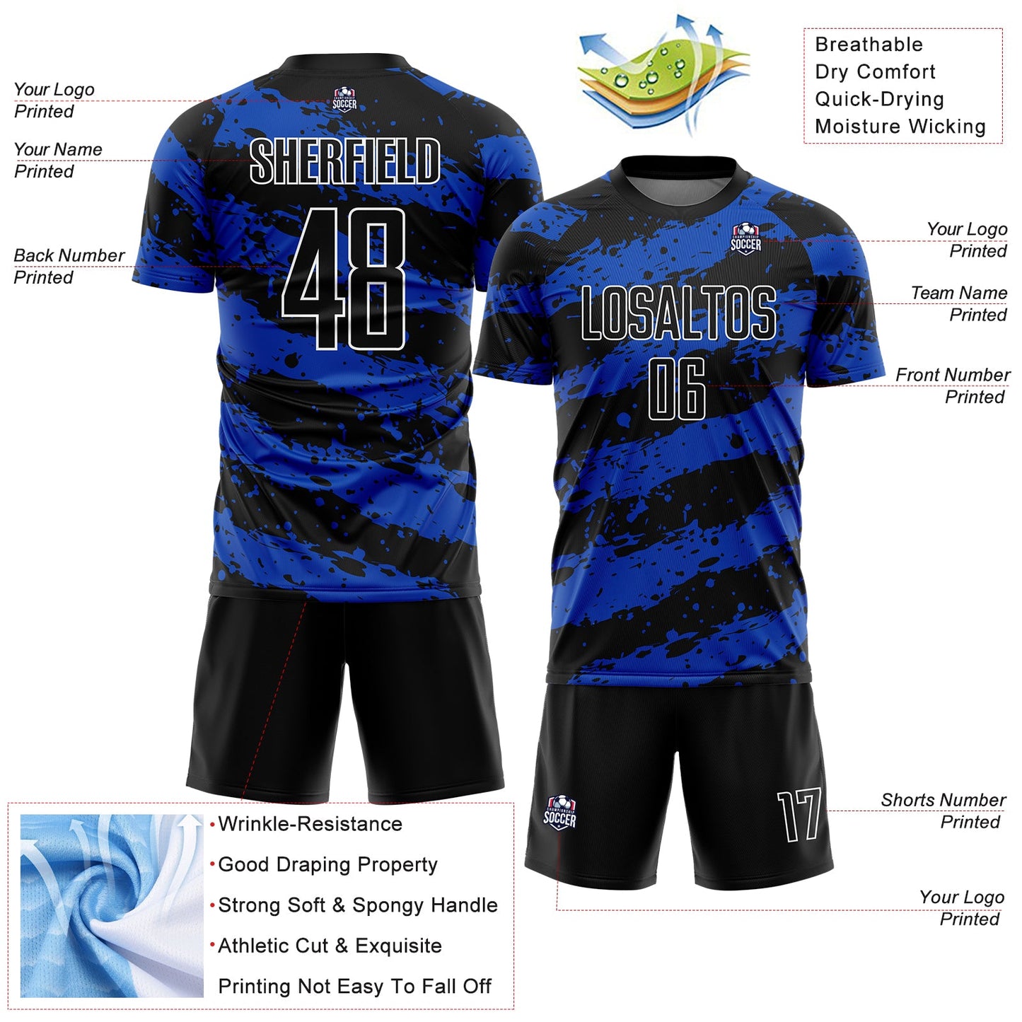 Custom Black Thunder Blue-White Splash Sublimation Soccer Uniform Jersey Limited