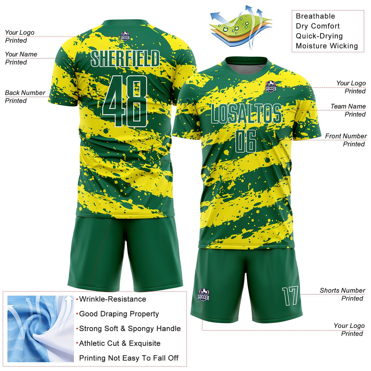 Custom Kelly Green Light Yellow-White Splash Sublimation Soccer Uniform Jersey Limited
