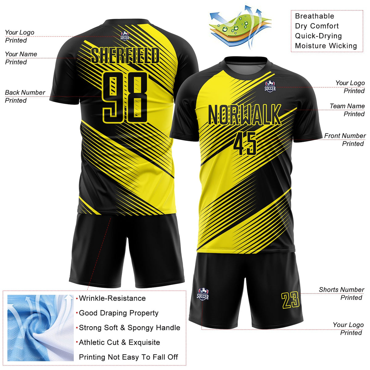 Custom Black Light Yellow Line Sublimation Soccer Uniform Jersey Limited