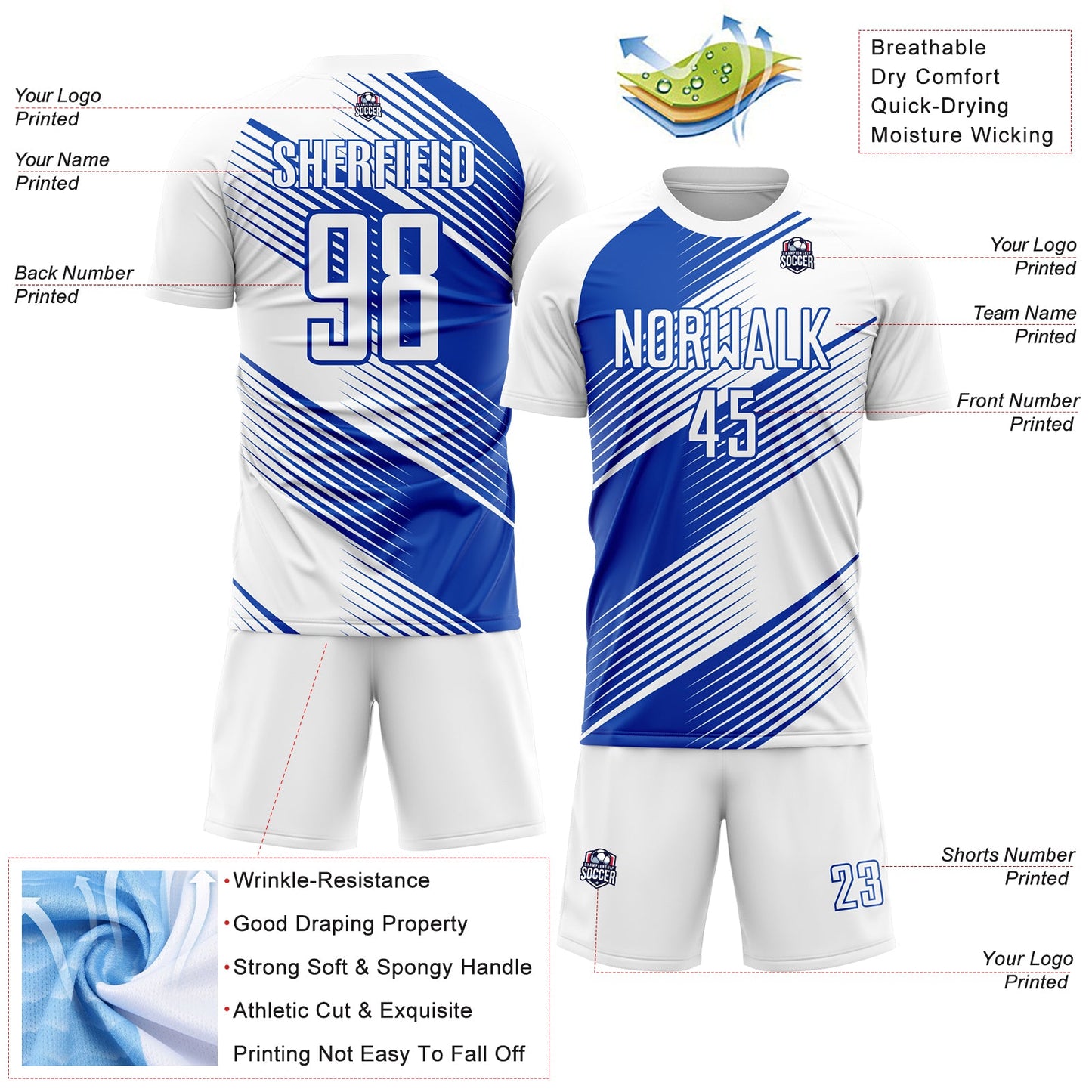 Custom White Thunder Blue Line Sublimation Soccer Uniform Jersey Limited