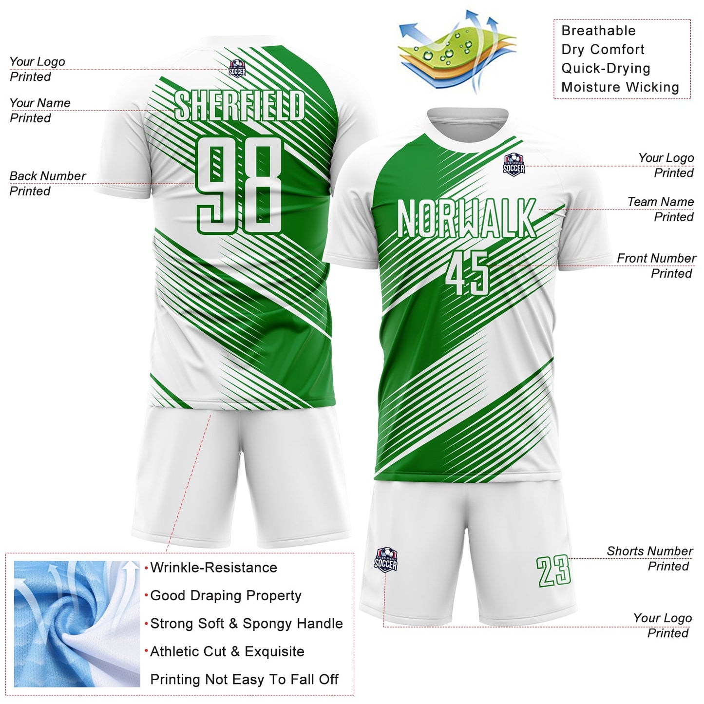 Custom White Grass Green Line Sublimation Soccer Uniform Jersey Limited