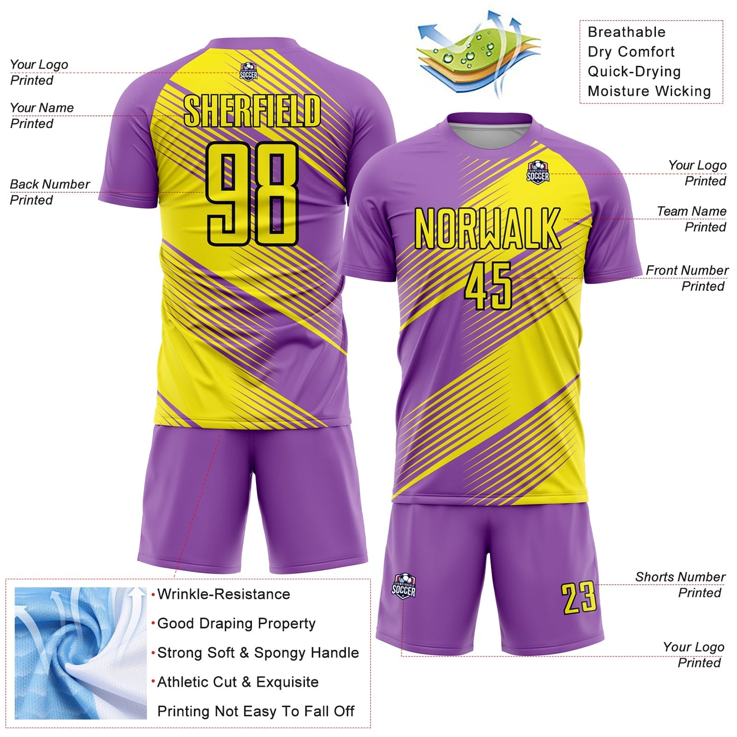 Custom Medium Purple Light Yellow-Black Line Sublimation Soccer Uniform Jersey Limited