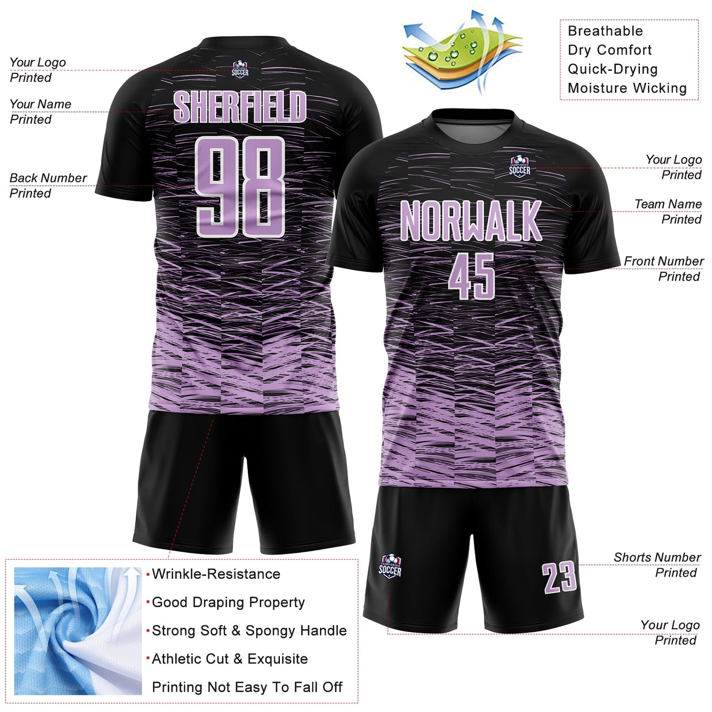 Custom Black Light Purple-White Line Sublimation Soccer Uniform Jersey Limited