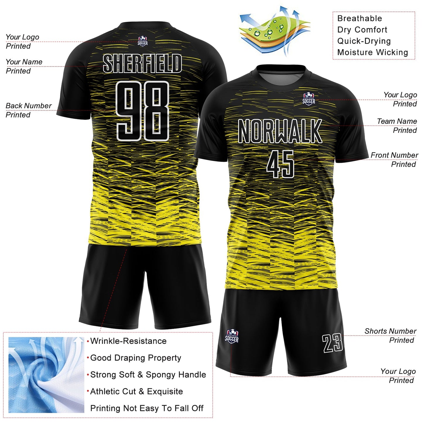 Custom Black Light Yellow-White Line Sublimation Soccer Uniform Jersey Limited