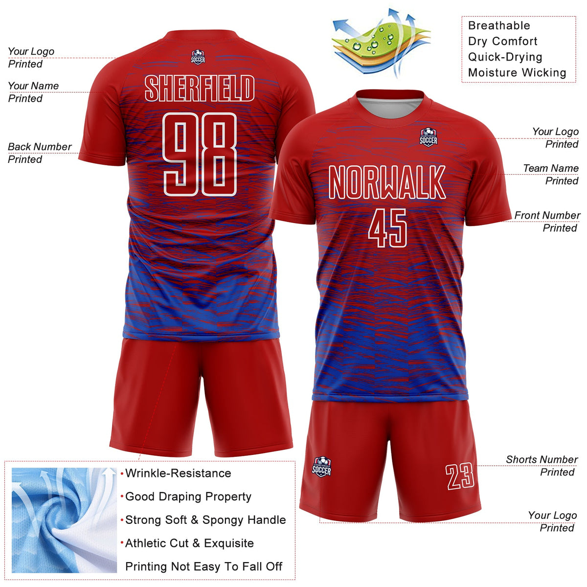 Custom Red Thunder Blue-White Line Sublimation Soccer Uniform Jersey Limited
