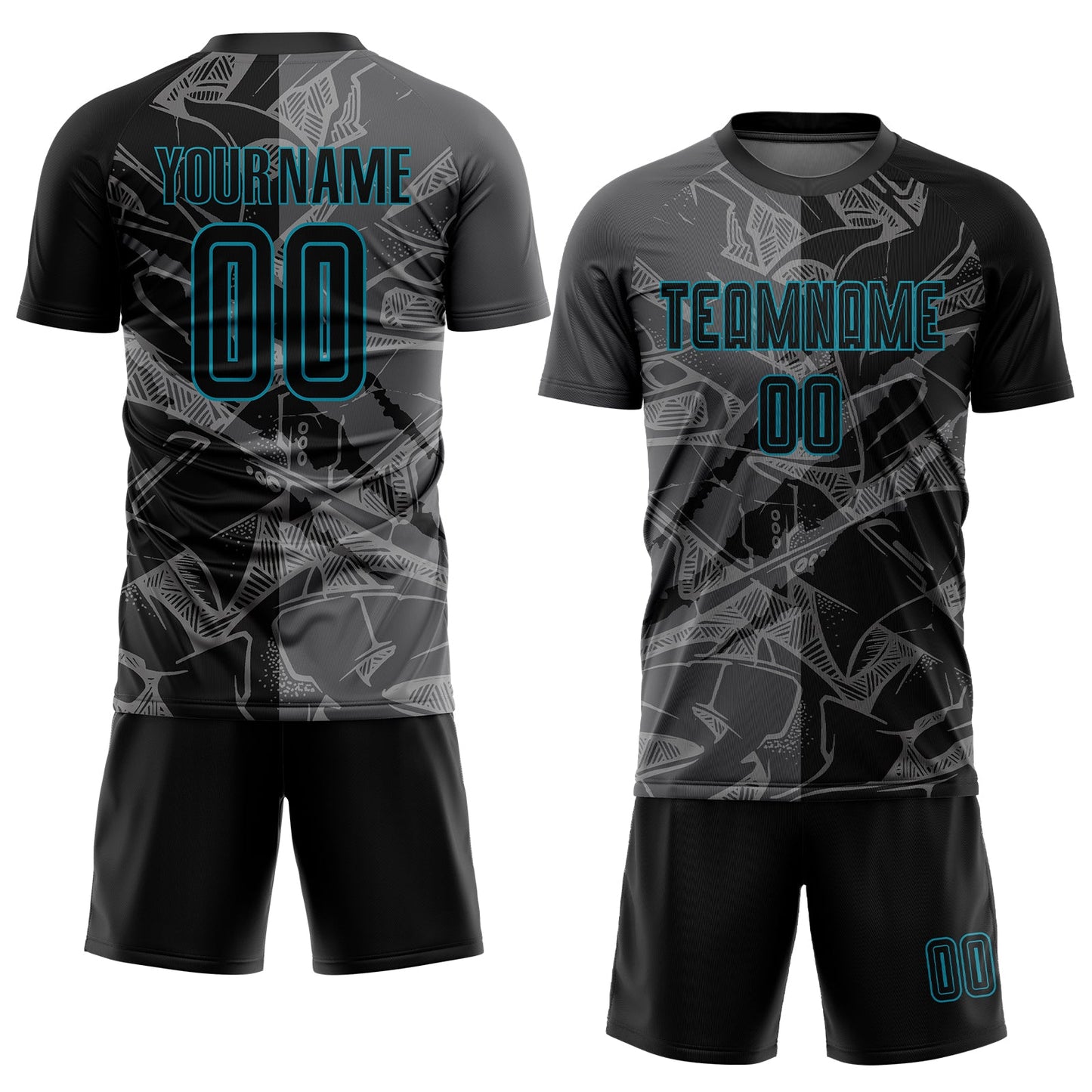 Custom Graffiti Pattern Black Steel Gray-Teal Scratch Sublimation Soccer Uniform Jersey Limited