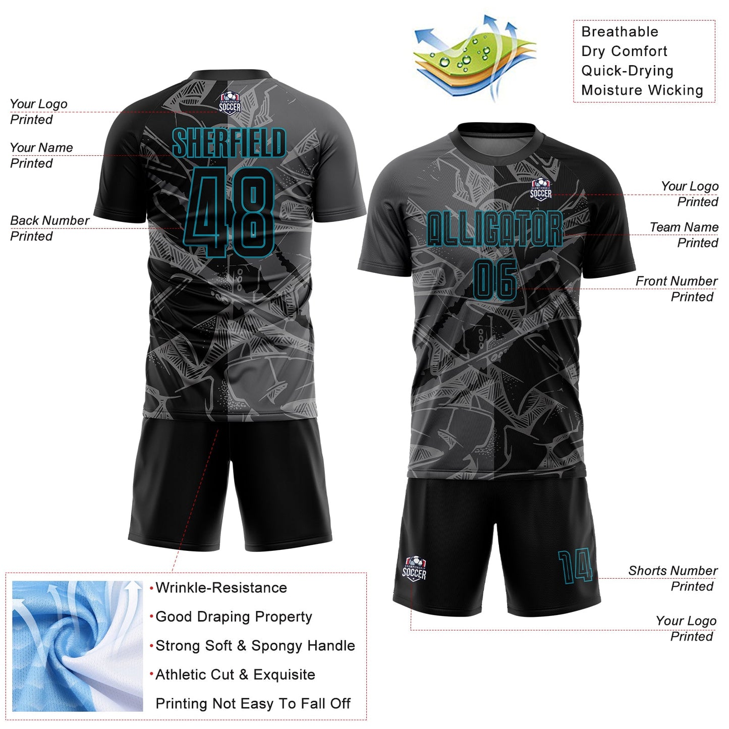 Custom Graffiti Pattern Black Steel Gray-Teal Scratch Sublimation Soccer Uniform Jersey Limited