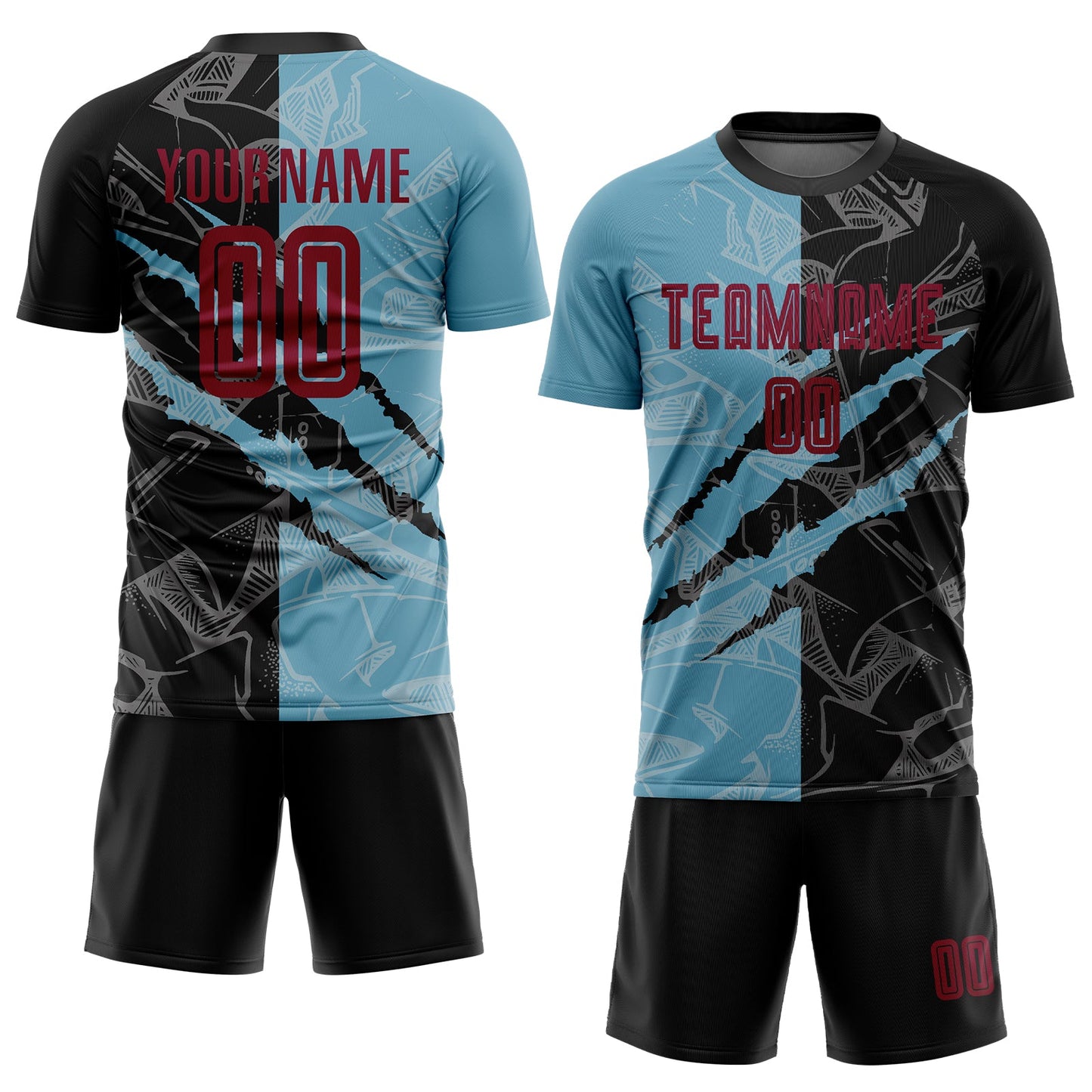 Custom Graffiti Pattern Maroon Black-Shadow Blue Scratch Sublimation Soccer Uniform Jersey Limited
