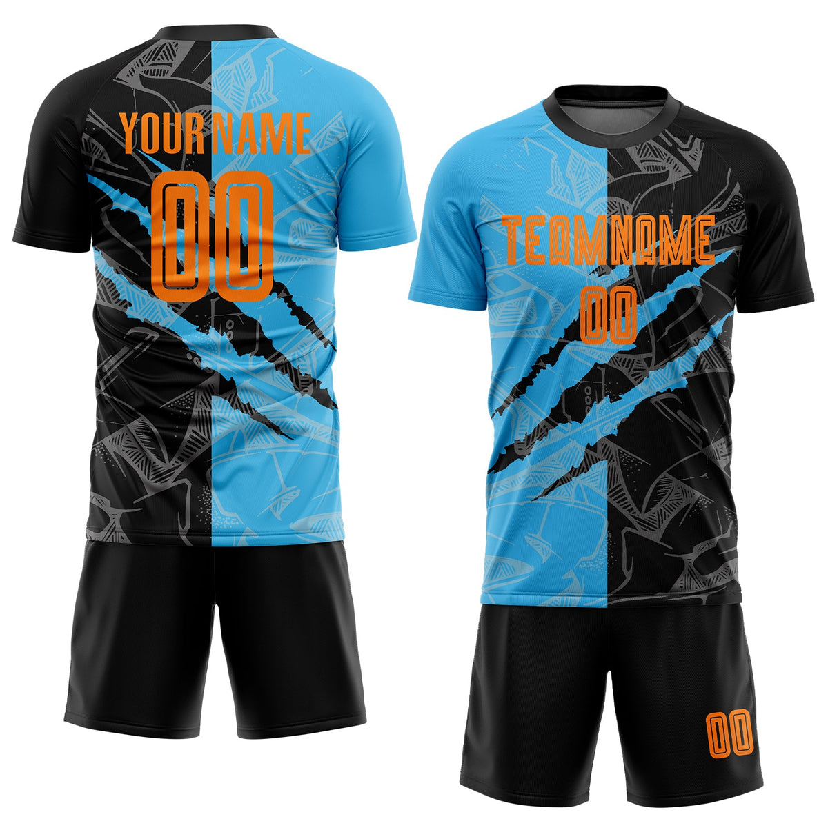 Custom Graffiti Pattern Bay Orange Black-Sky Blue Scratch Sublimation Soccer Uniform Jersey Limited