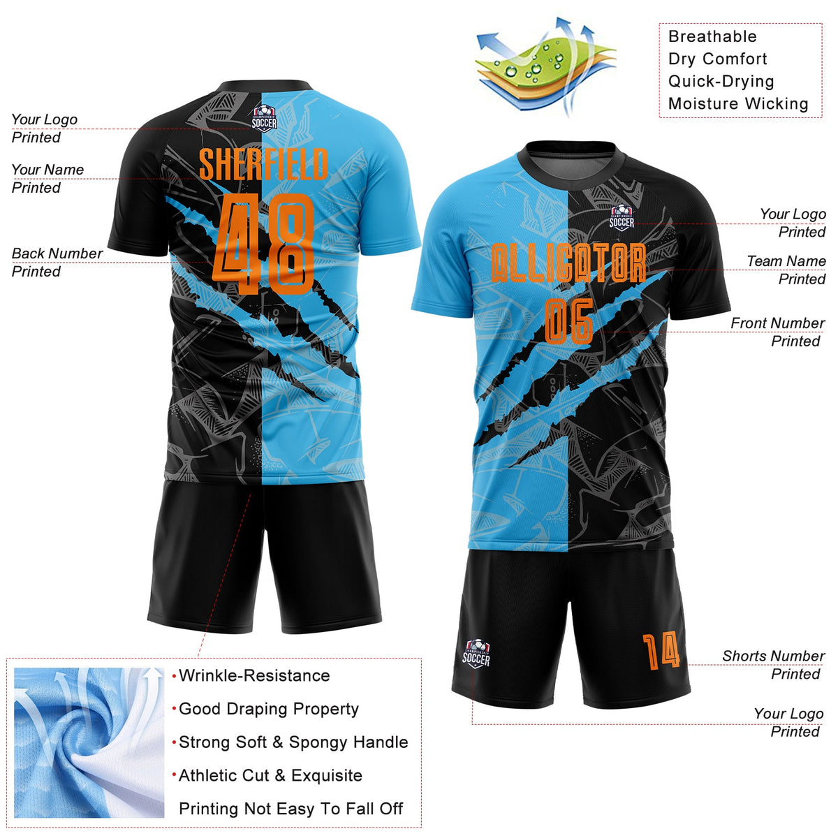 Custom Graffiti Pattern Bay Orange Black-Sky Blue Scratch Sublimation Soccer Uniform Jersey Limited