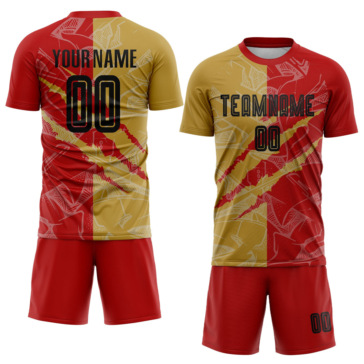 Custom Graffiti Pattern Black Red-Old Gold Scratch Sublimation Soccer Uniform Jersey Limited