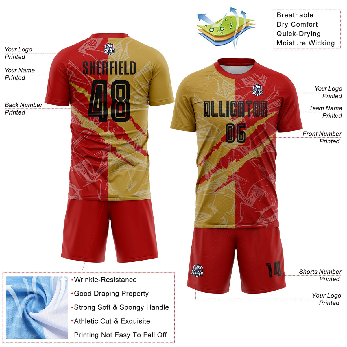 Custom Graffiti Pattern Black Red-Old Gold Scratch Sublimation Soccer Uniform Jersey Limited