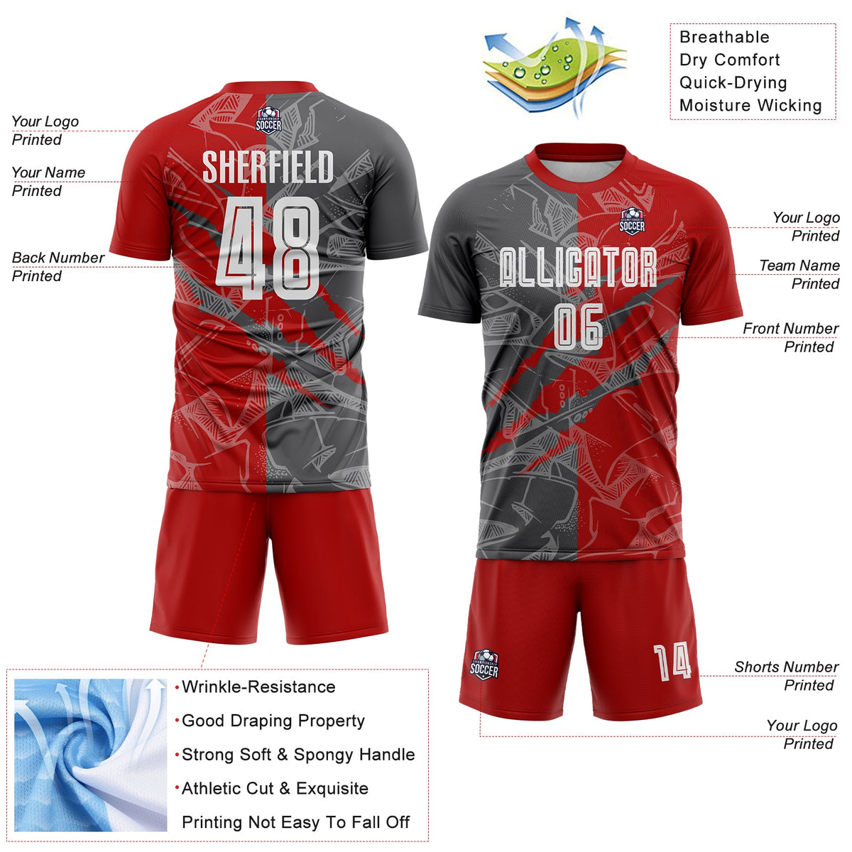 Custom Graffiti Pattern Red-Steel Gray Scratch Sublimation Soccer Uniform Jersey Limited