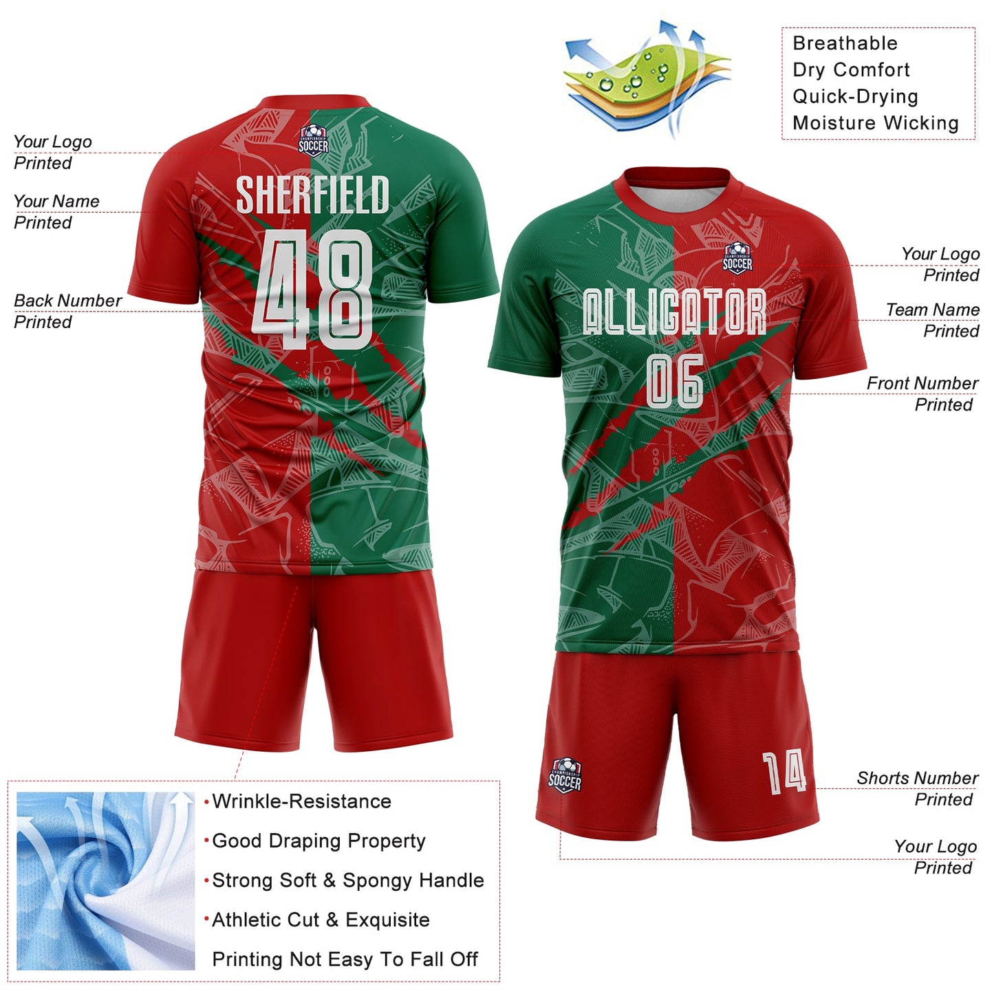 Custom Graffiti Pattern Red-Kelly Green Scratch Sublimation Soccer Uniform Jersey Limited