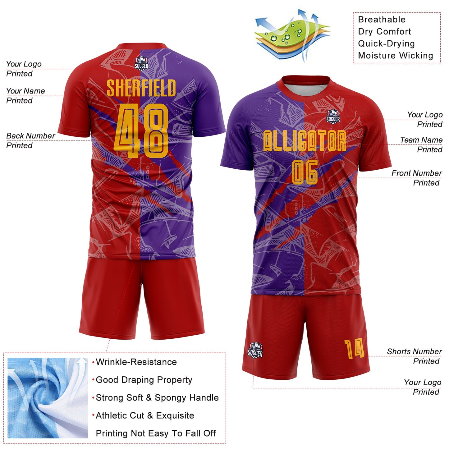 Custom Graffiti Pattern Yellow Red-Purple Scratch Sublimation Soccer Uniform Jersey Limited