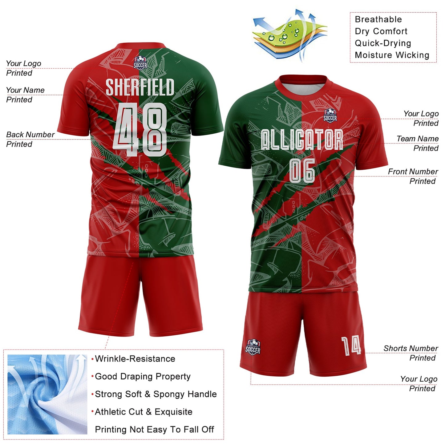 Custom Graffiti Pattern Red-Green Scratch Sublimation Soccer Uniform Jersey Limited
