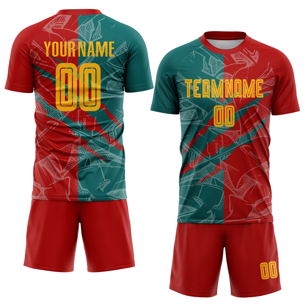 Custom Graffiti Pattern Yellow Red-Teal Scratch Sublimation Soccer Uniform Jersey Limited